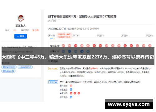 大咖何飞中二等48万，精选大乐透专家累擒2276万，堪称体育彩票界传奇